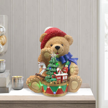 1.1ft (0.33m) Resin Teddy Bear with Drum with 14 LED Lights