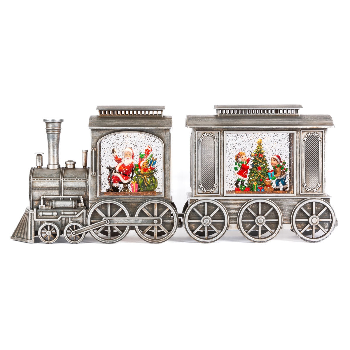 7.6 inches (0.19m) 2 Piece Pewter LED Lighted Water Globe Train with Motion Sensor