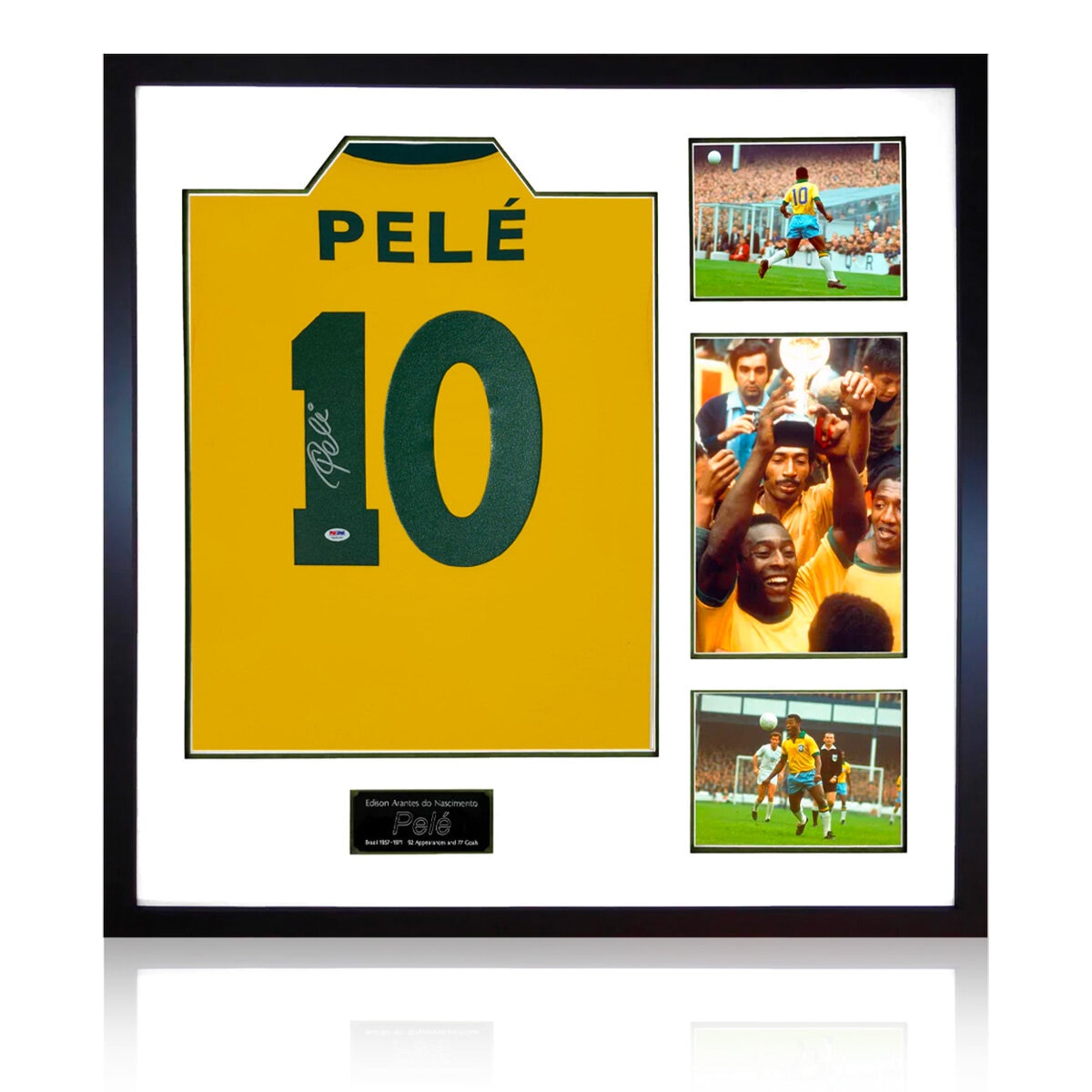 Pele Signed Brazil Framed Shirt, including 3 Photos