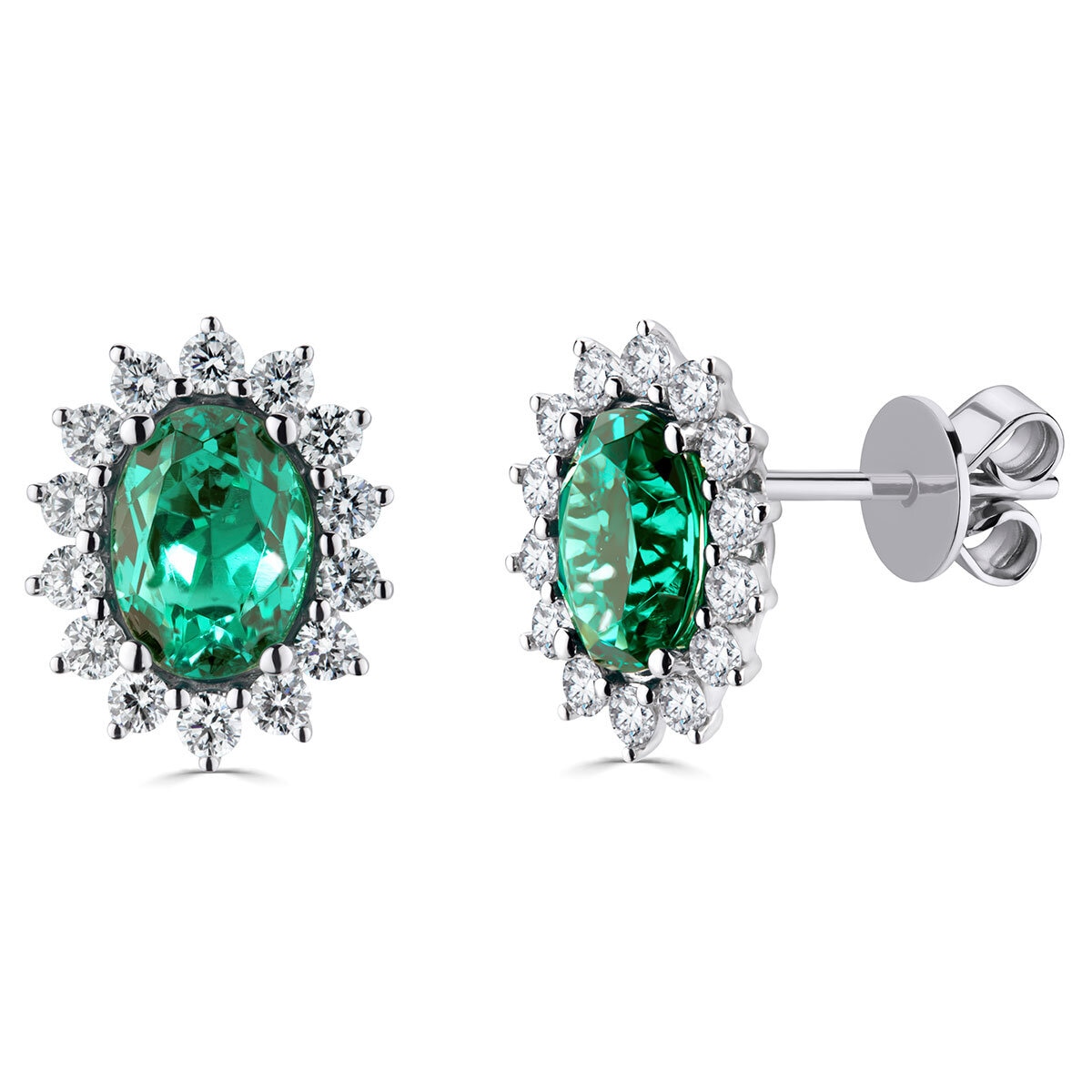 Oval Cut Lab Emerald & 0.53ctw Diamond Earrings, 18ct White Gold