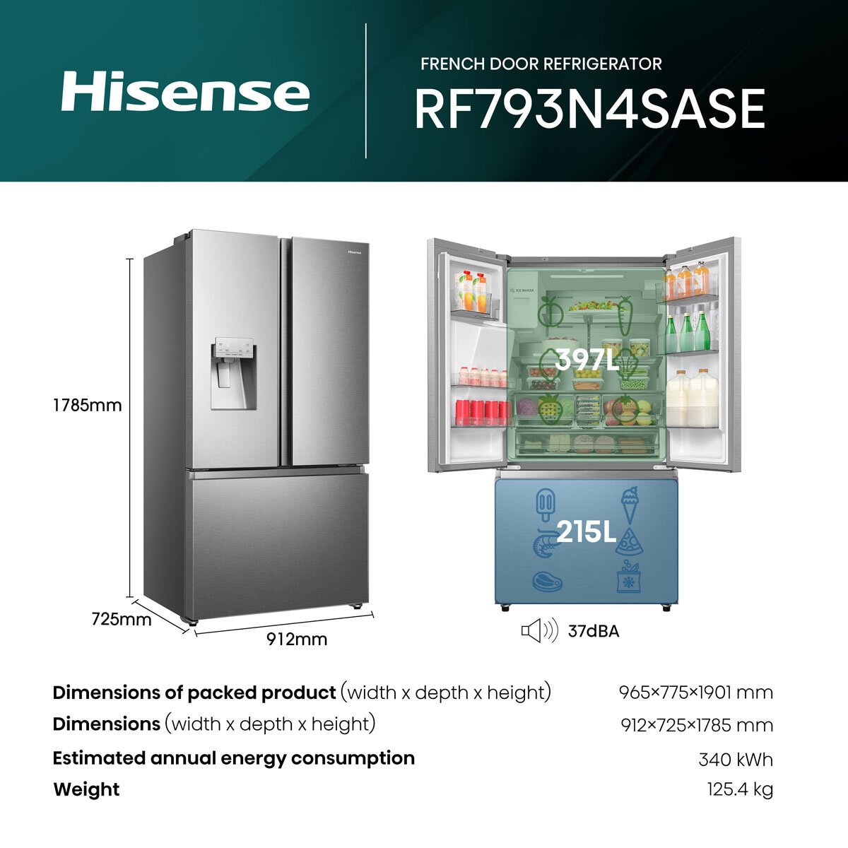 Hisense RF793N4SASE, French Door Fridge Freezer E Rating in Stainless Steel