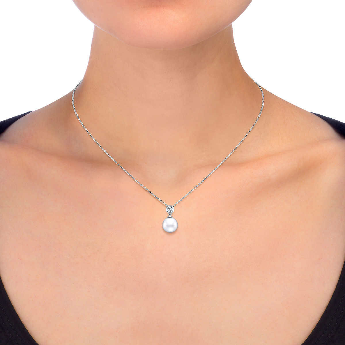 8-9mm Cultured Freshwater White Pearl & 0.14ctw Diamond Necklace, 14ct White Gold