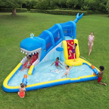 Lifestyle image of children playing on the H2OGO! Whales 'n Waves Kids Inflatable Mega Water Park Lifestyle image of children playing on the H2OGO! Whales 'n Waves Kids Inflatable Mega Water Park