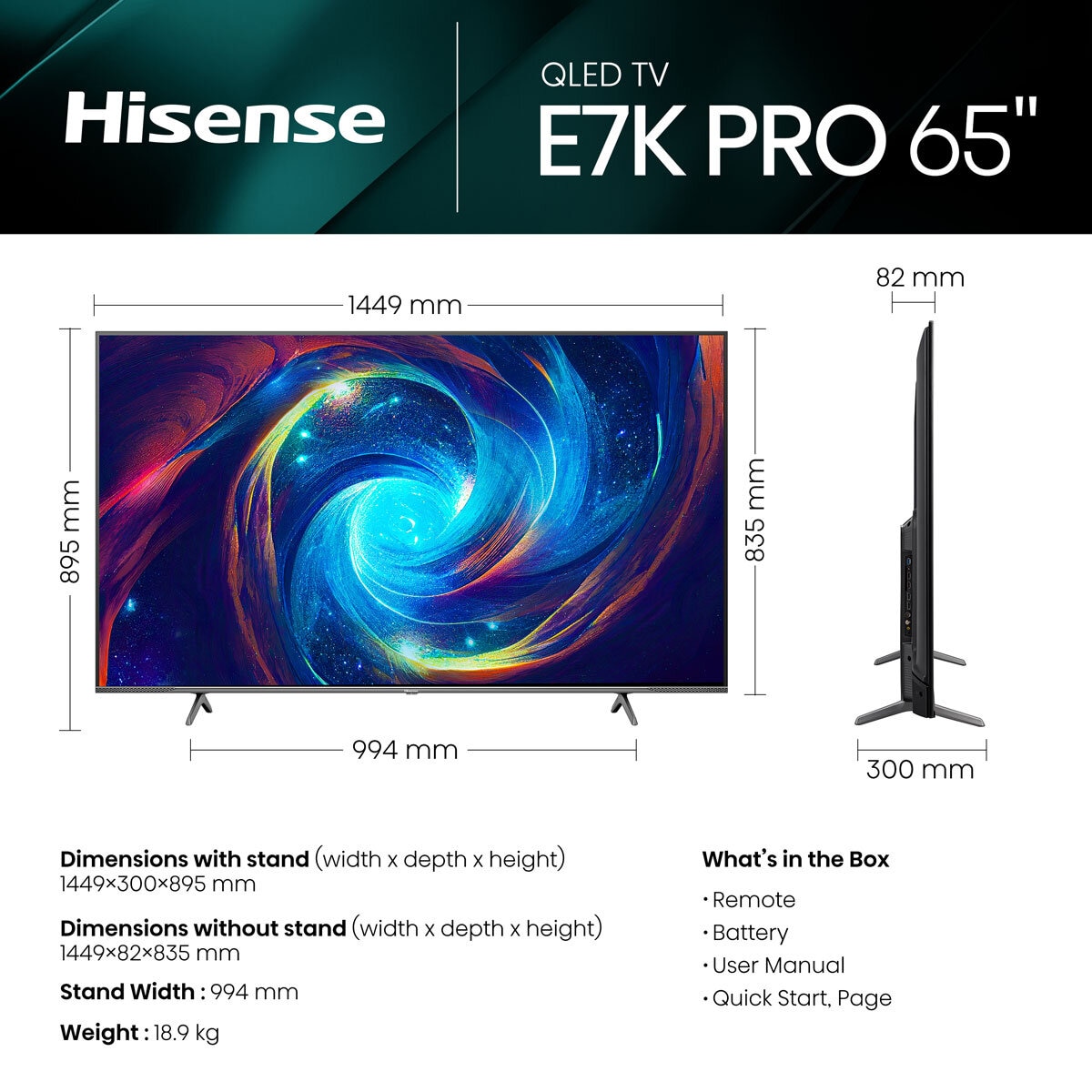 Hisense 65E7KQTUK PRO 65 Inch 4K UHD QLED Smart TV