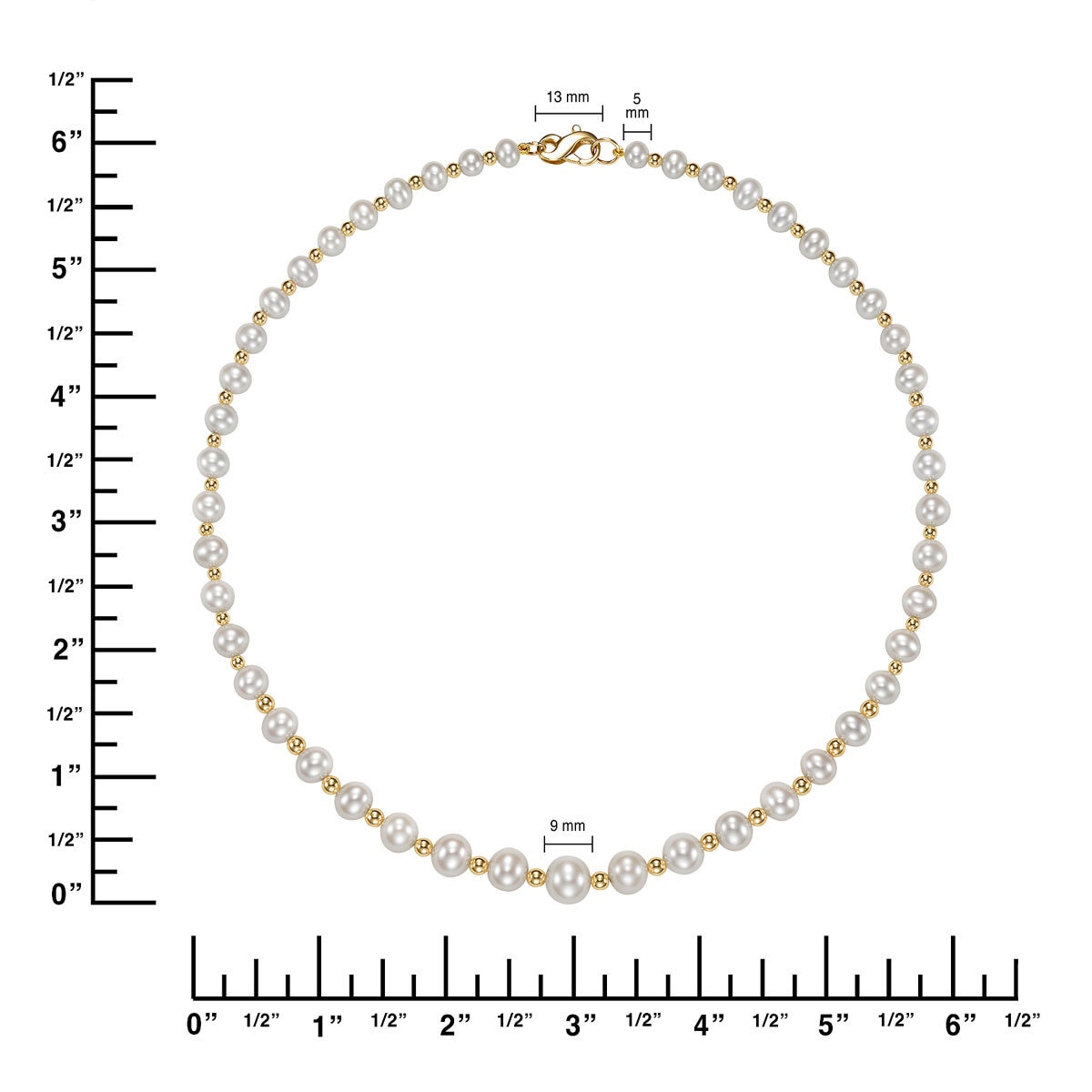 5-9m Cultured Freshwater White Pearl & Gold Bead Graduated Necklace, 14ct White Gold