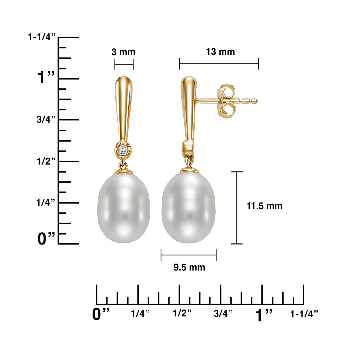 9-10mm Cultured Freshwater White Pearl & 0.06ctw Diamond Earrings, 14ct Yellow Gold