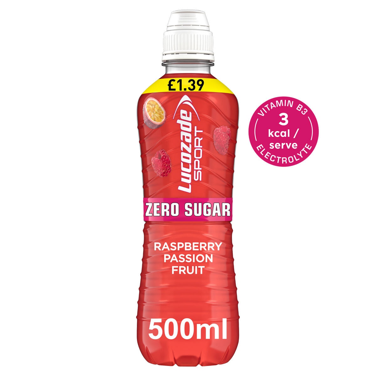 Lucozade Sport Zero Sugar Raspberry & Passionfruit PMP £1.39, 500ml