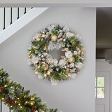 32 Inch Flocked Pre-Lit Decorated Christmas Wreath with 50 Warm White LED Lights