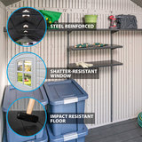 Lifetime 8ft x 15ft (2.4 x 4.5m) Storage Shed highlights: steel reinforced, shatter - resistant window, impact resistant floor