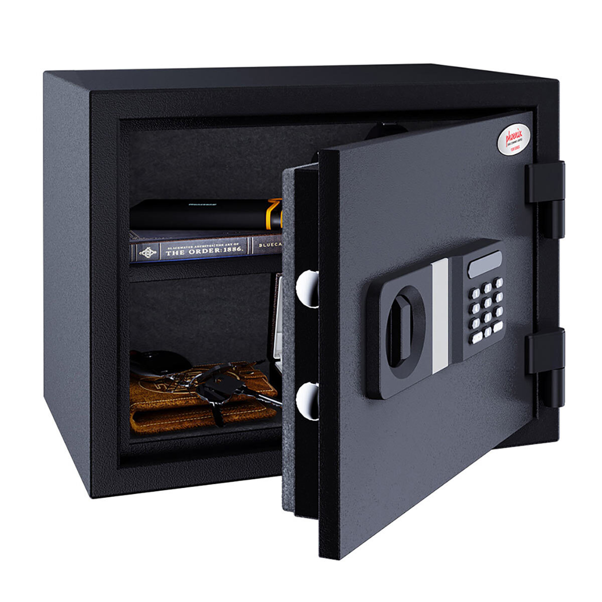 Cut out image of safe on white background with door open
