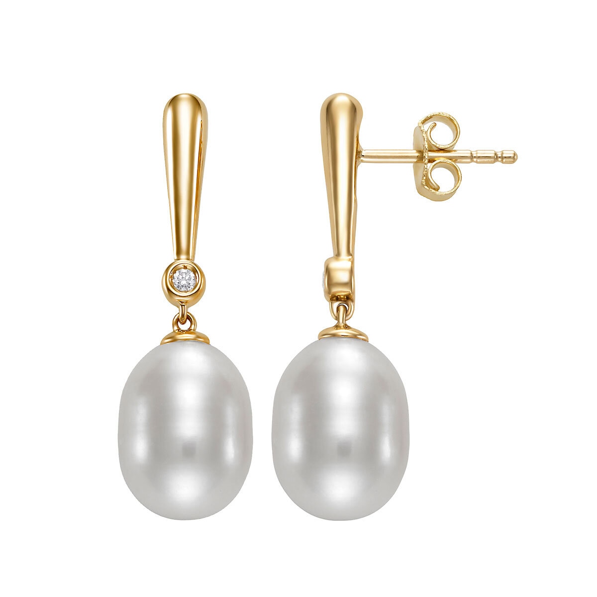 9-10mm Cultured Freshwater White Pearl & 0.06ctw Diamond Earrings, 14ct Yellow Gold