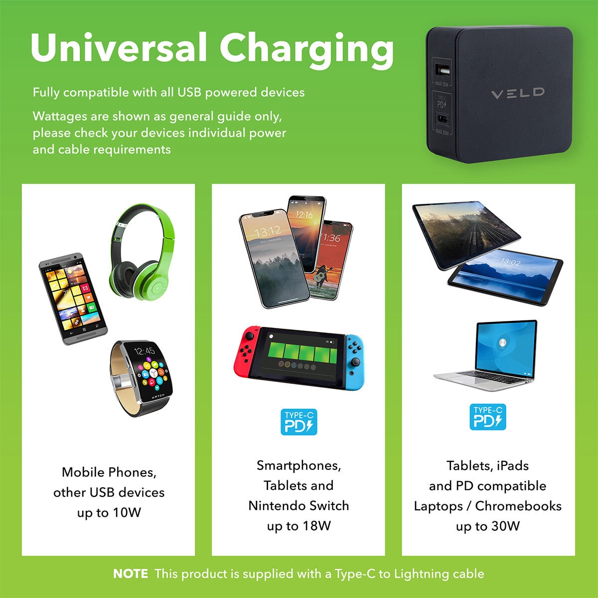 Buy Veld Travel Bundle: 2 Port Super Fast Travel Charger, Super Fast in Car Charger USB Port & USB Type C with Super Fast Cable (USB to Lightning) x 1M at Costco.co.uk