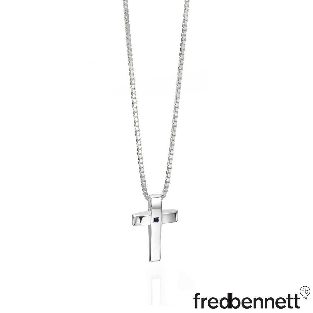 Fred Bennett Sterling Silver Cross Pendant with Blue Sapphire Stone