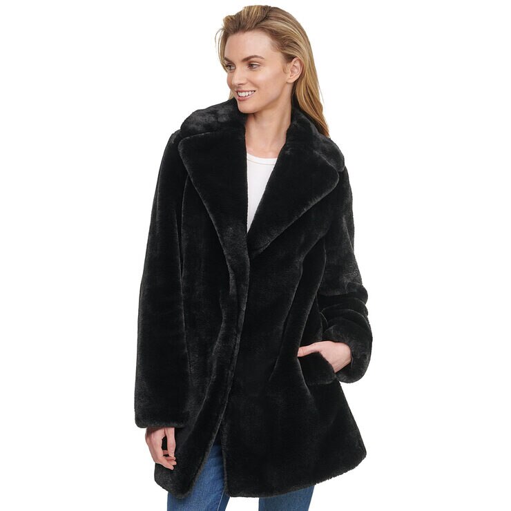 Andrew Marc Women's Faux Fur Shawl Collar Coat in Black | Costco UK