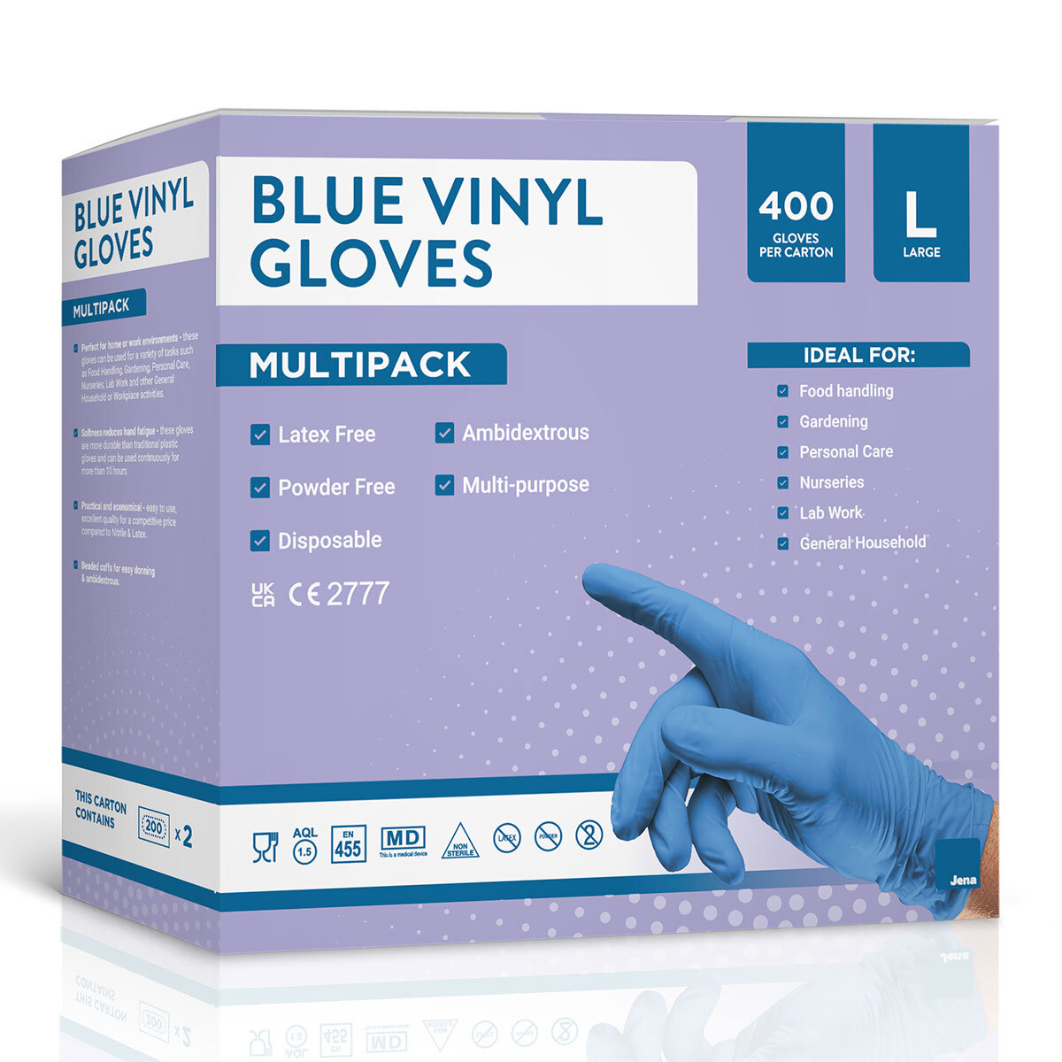 Jena Blue Vinyl Gloves, 400 Pack in Large