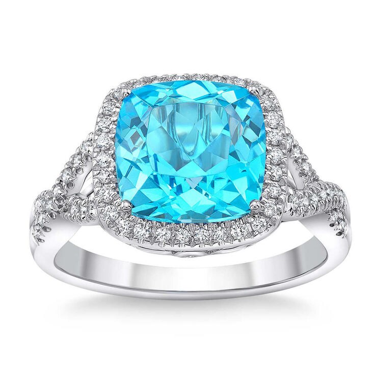 Cushion Cut Blue Topaz and 0.18ctw Diamond Ring, 14ct White Gold ...