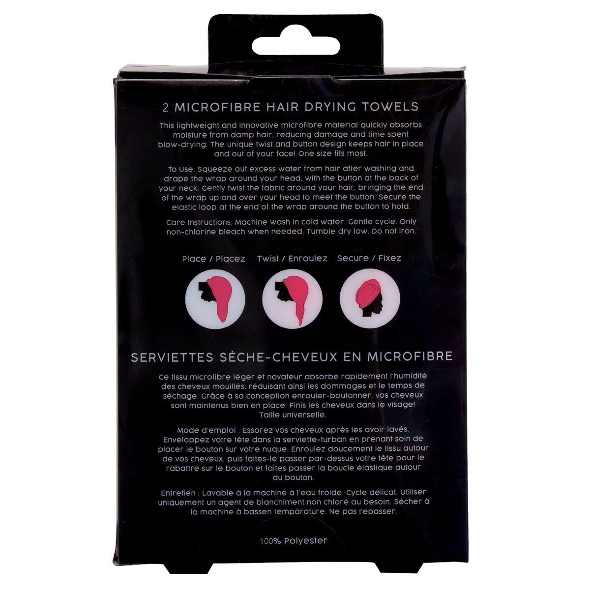 Danielle Creations, Turban Hair Towels, 2x2 Pack Pink & Black Back