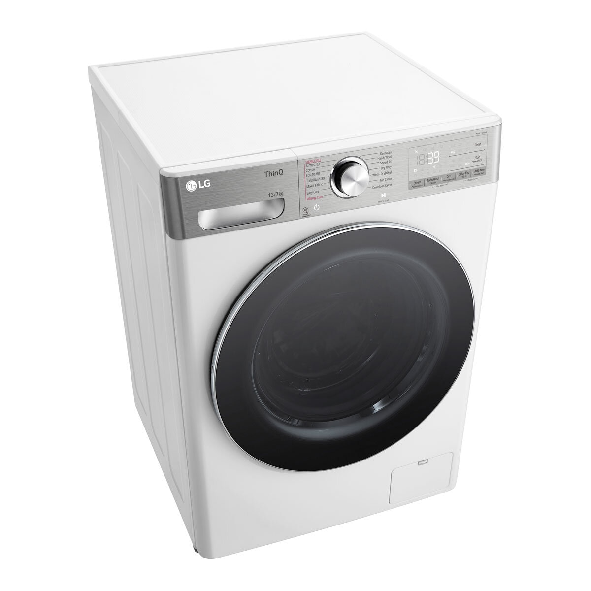 Angled view LG FWY937WCTA1 Wifi Enabled 13/7kg Washer dryer, D Rated in White