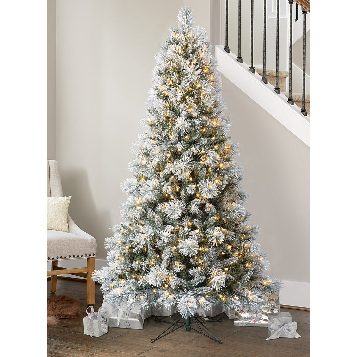 6ft Inch (1.9m) Pre-Lit Flocked  Glitter Artificial Christmas Tree with  500 Colour Changing LED Lights