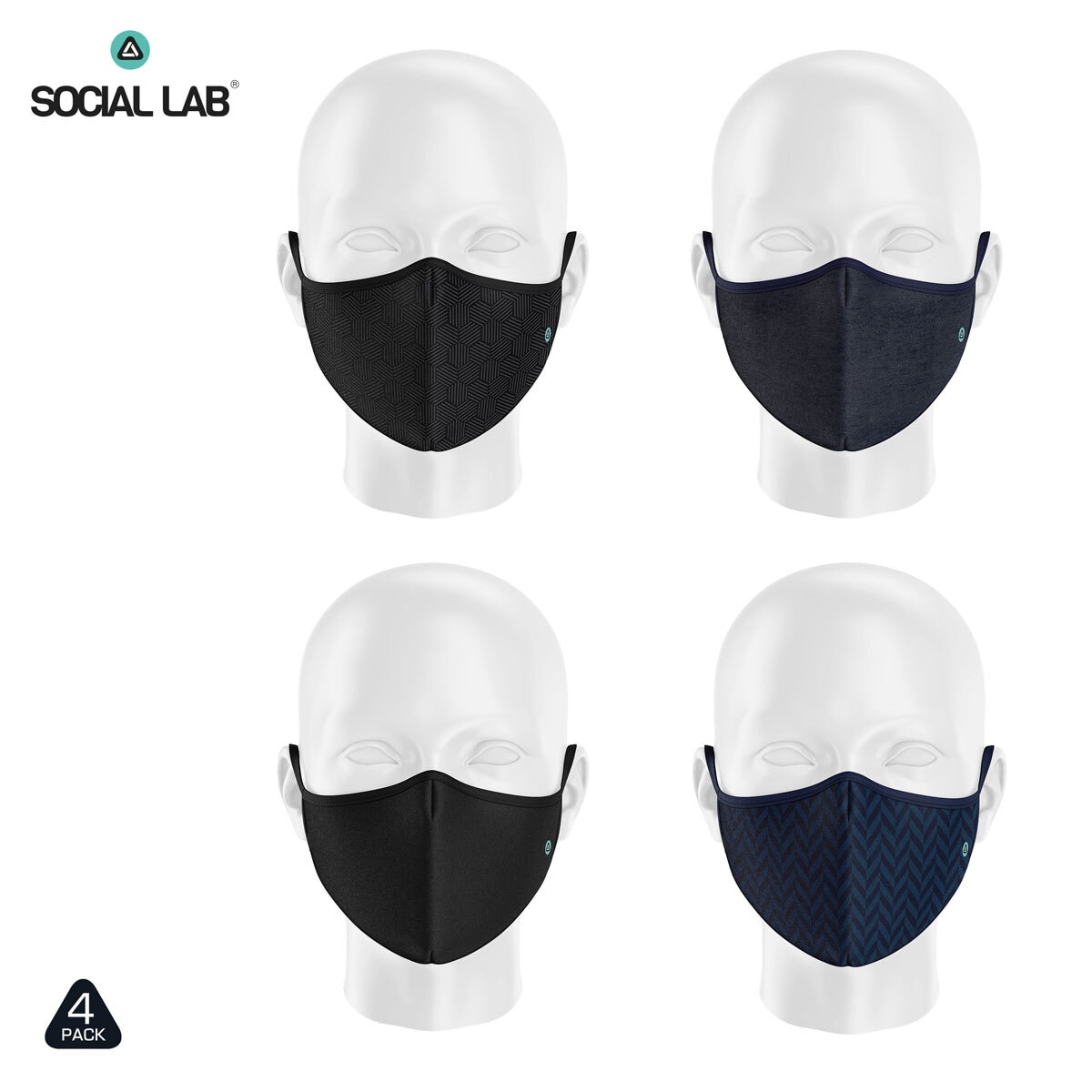 Social Lab Triple Layer Men's Reusable Face Masks, 4 Pack