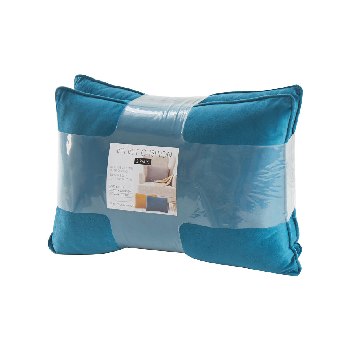 Blue velvet oblong cushion two pack