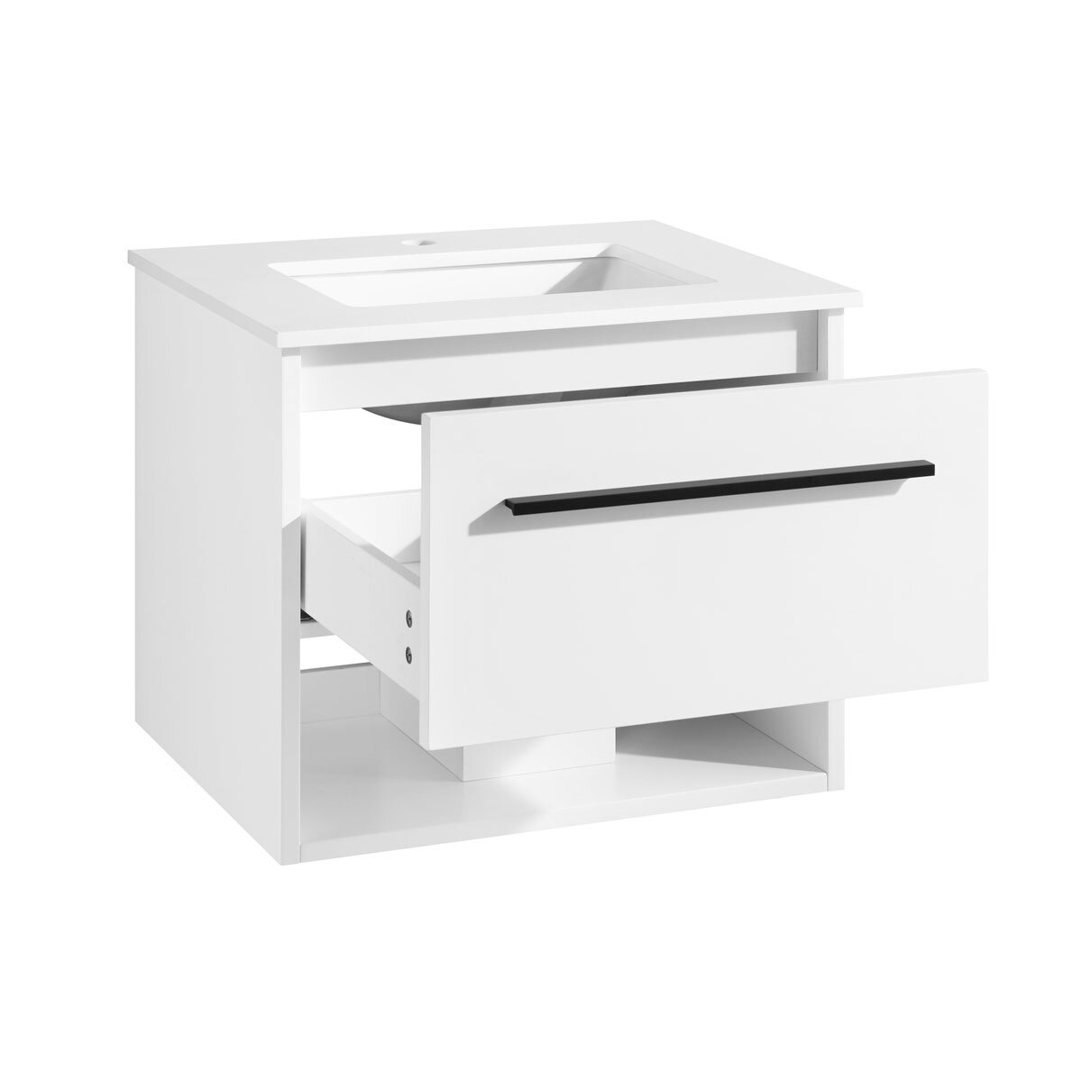 Angled image of OVE Camila 610mm in matte white on white background with drawers open