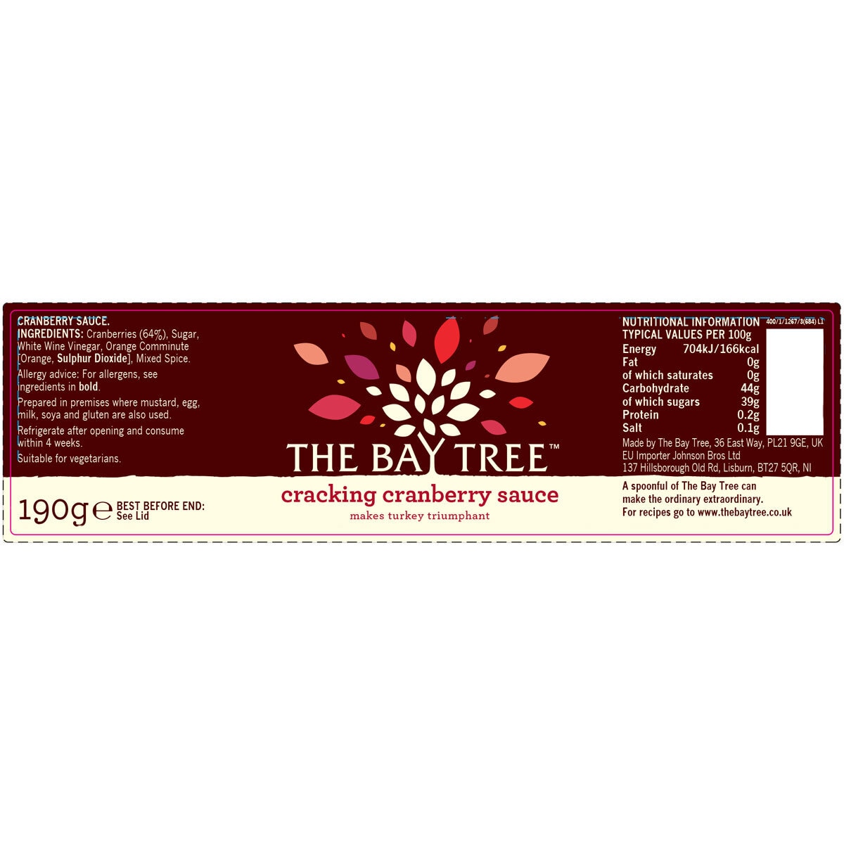 The Bay Tree Cracking Cranberry Sauce, 190g Label