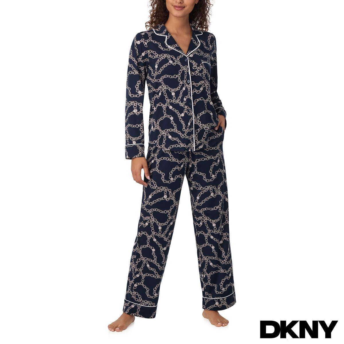 DKNY Notch Collar Pyjama Set in Navy Chain