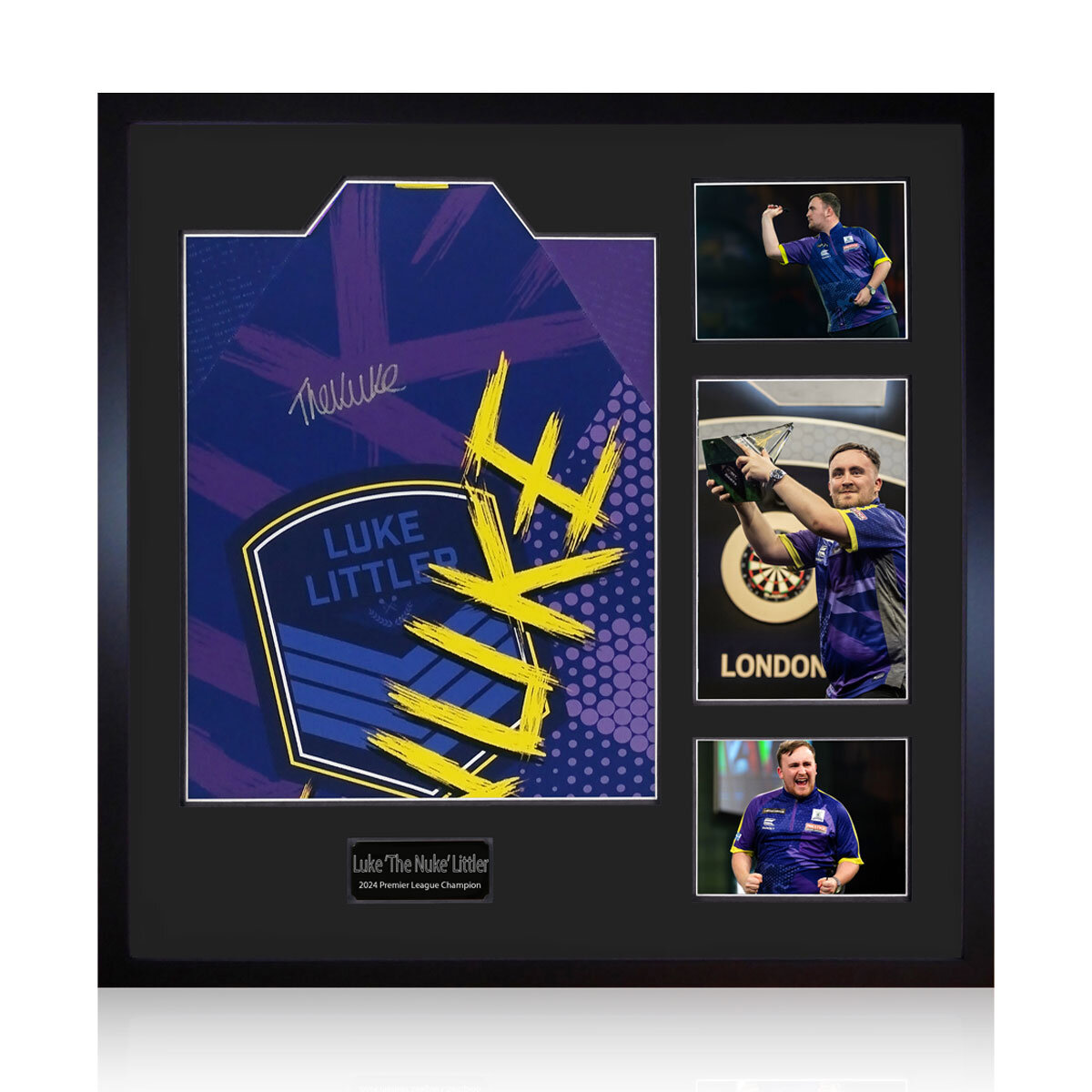 Luke Littler 2023/24 Signed Framed Shirt, including 3 Photos