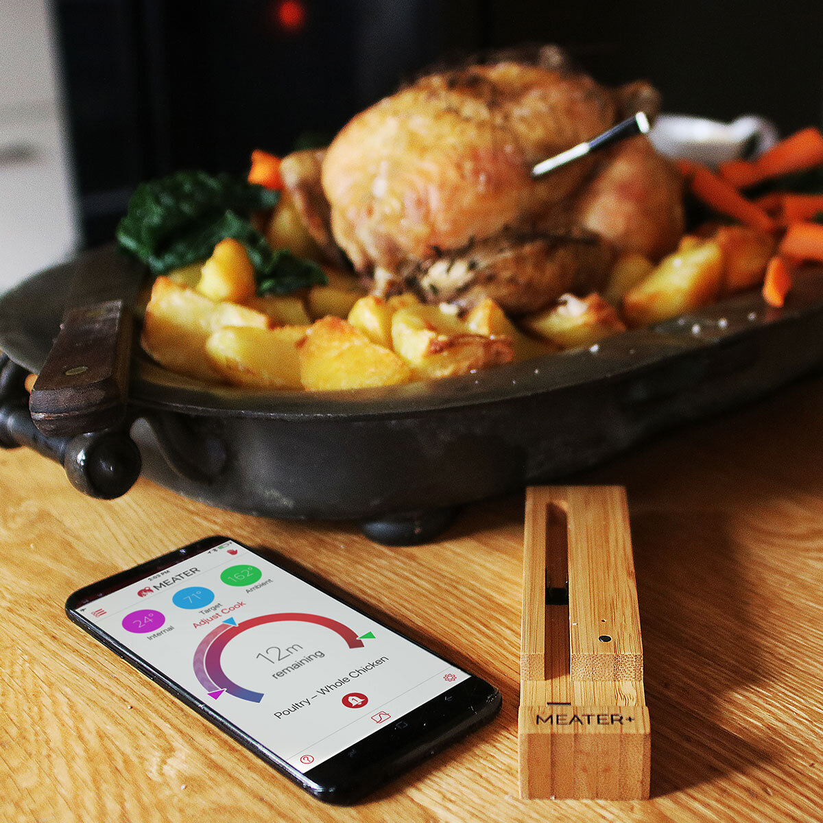 Meater Thermometer with cooked chicken