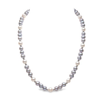 6-7mm Cultured Freshwater Grey & White Pearl and Gold Bead Necklace, 18ct White Gold