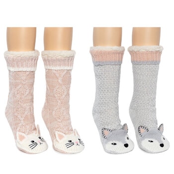 Jane & Bleecker Ladie's Critter Sock 2 Pack in Cat and Wolf