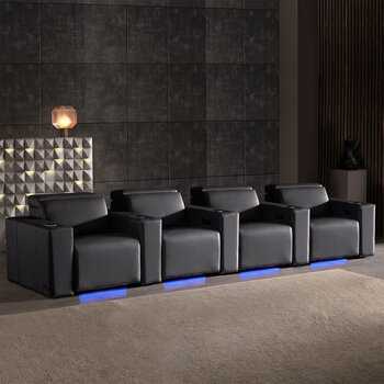 Valencia Barcelona Row of 4 Black Leather Power Reclining Home Theatre Seating with RGB LED