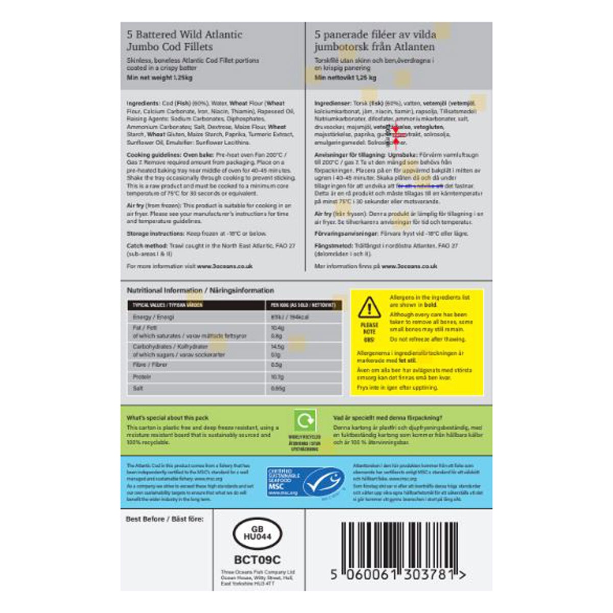Three Oceans 5 Battered Cod Fillets, 1.25kg Three Oceans 5 Battered Cod Fillets, 1.25kg