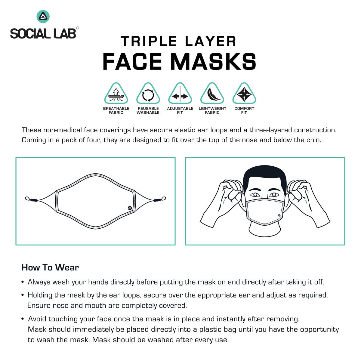 Social Lab Triple Layer Women's Reusable Face Masks, 4 Pack