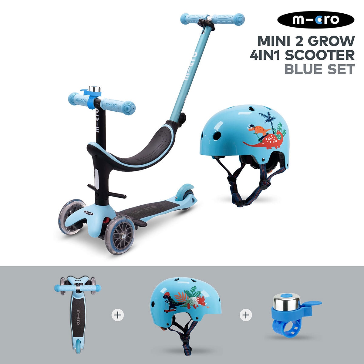 Micro Mini 2 Grow 4 in 1 Blue Scooter with Dino Helmet and Blue Bell (12+ Months)