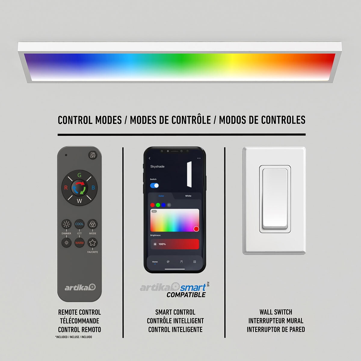 Graphic demonstrating the 3 ways of controlling Artika Skyshade Smart LED panel which includes remote control, via the Artika Smart application and wall switch