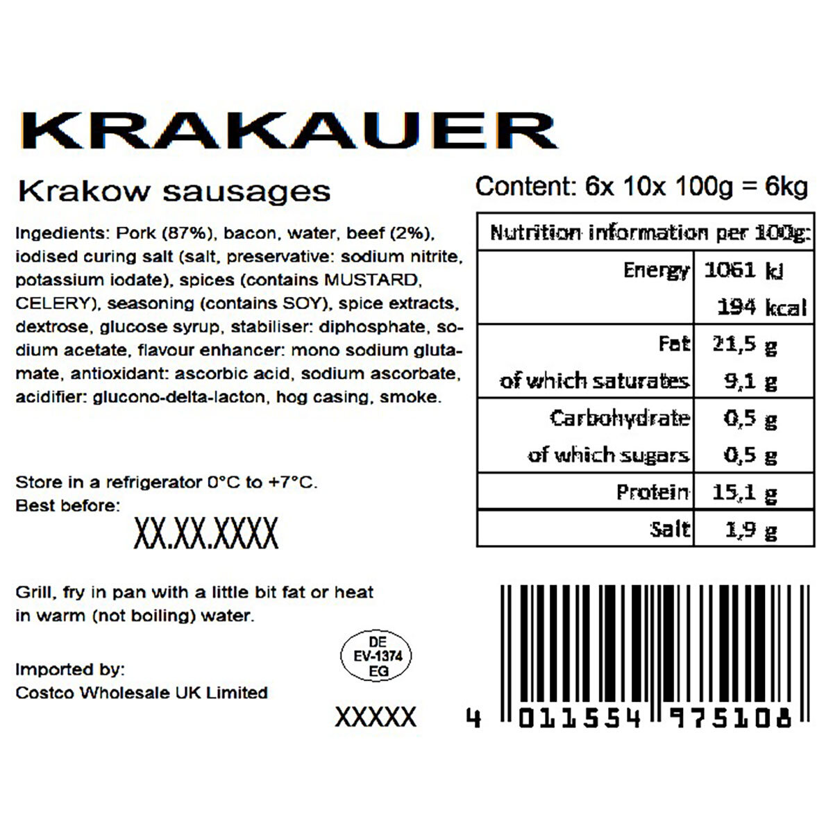 Damhus Krakauer German Sausages, 1kg