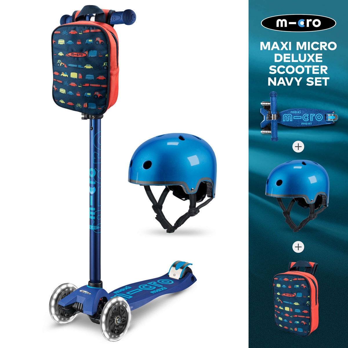 Micro Maxi Deluxe LED Navy Scooter with Blue Helmet and Vehicle Lunch Bag (5+ Years)