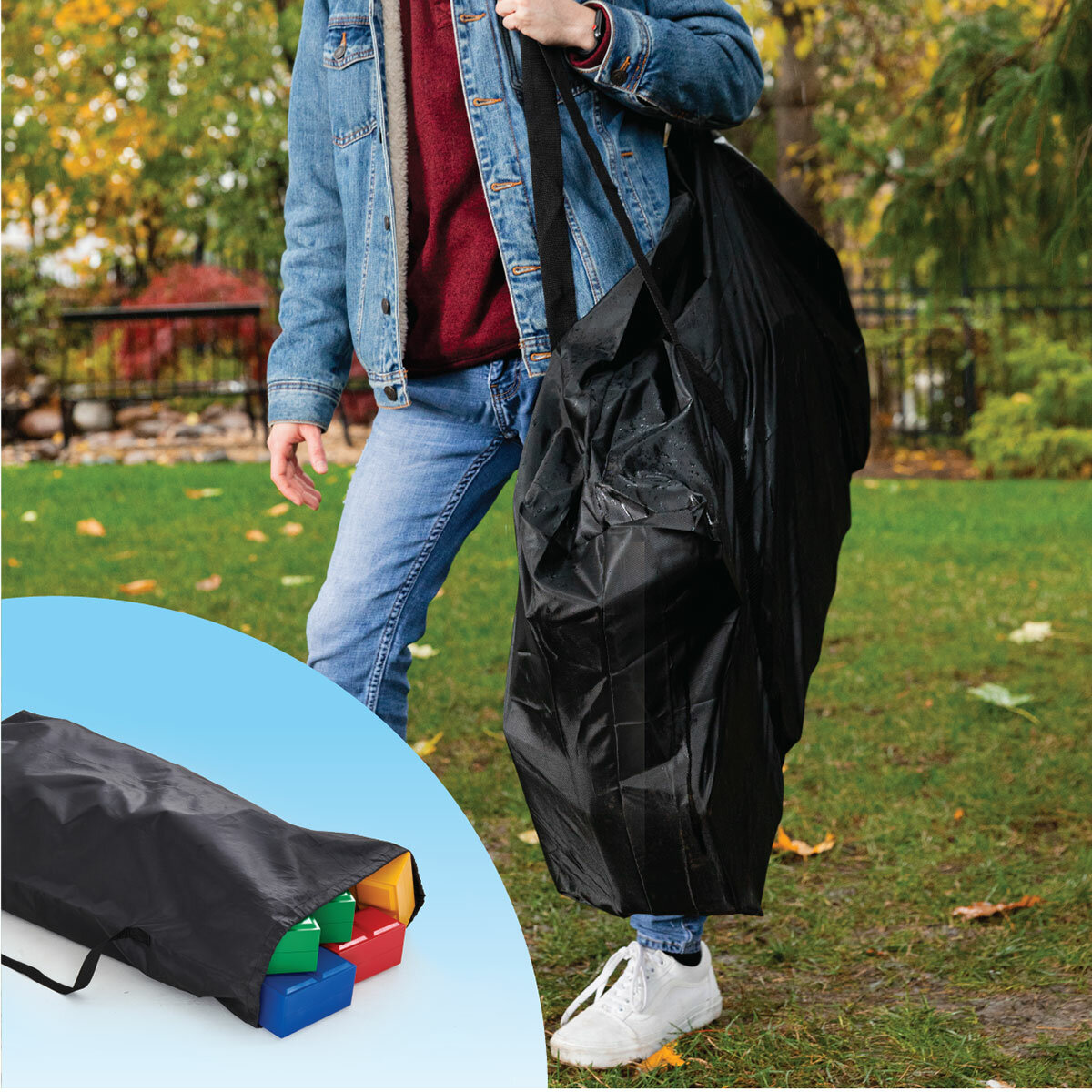 Lifestyle image of someone carrying the game in the carry bag Lifestyle image of someone carrying the game in the carry bag