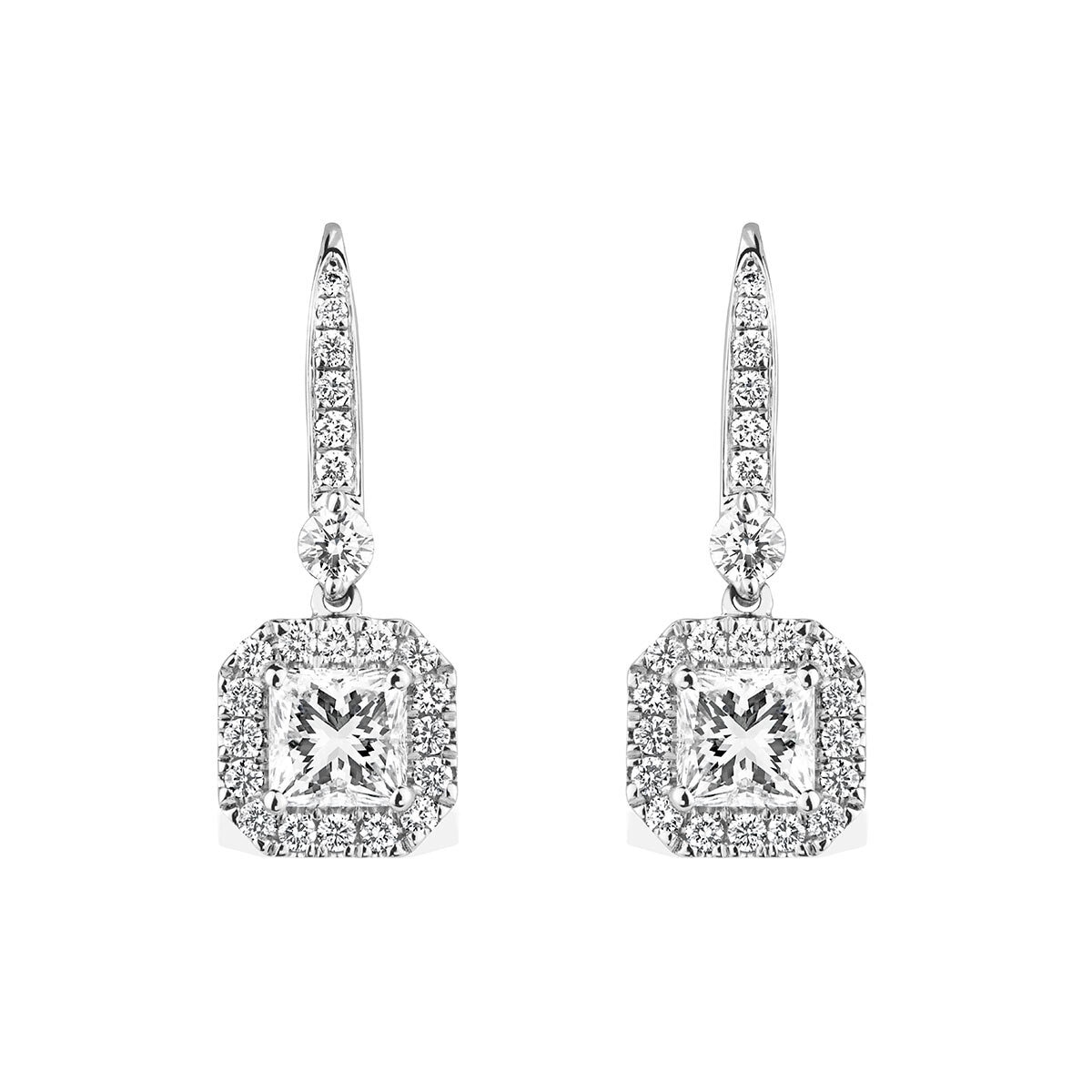 2.00ctw Princess & Round Brilliant Cut Diamond Halo Earring, 18ct White Gold