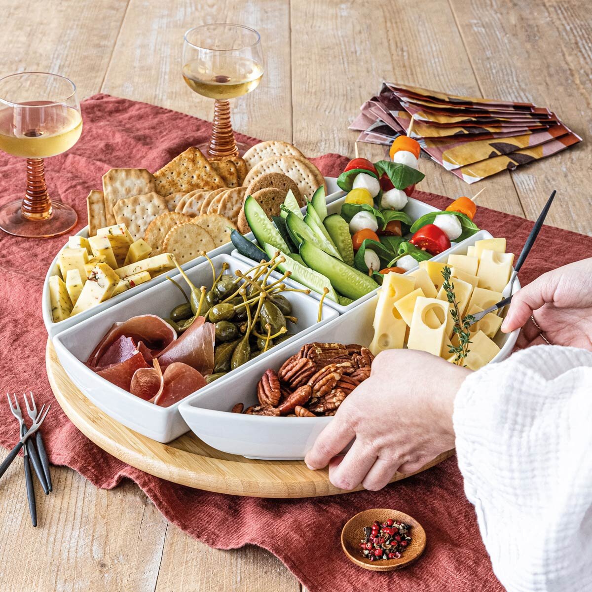 Bamboo Lazy Susan with Porcelain Dishes