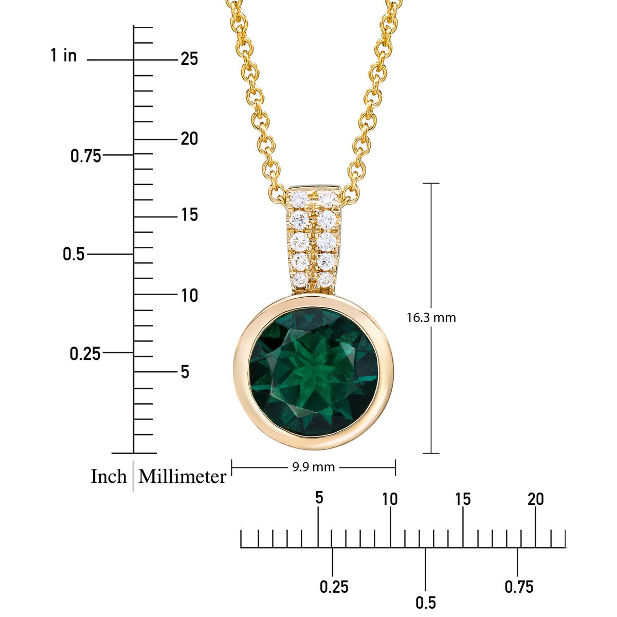 Round Cut Lab Emerald & 0.04ctw Diamond Pendant 14ct Yellow Gold