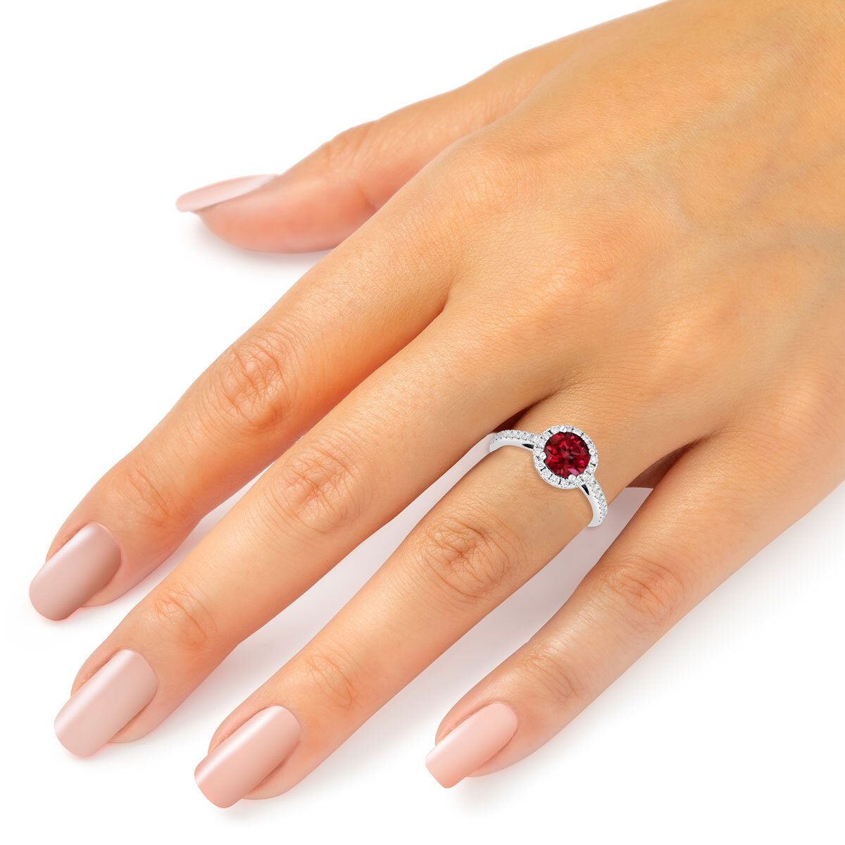 Round Cut Garnet & 0.35ctw Diamond Halo Ring, 14ct White Gold