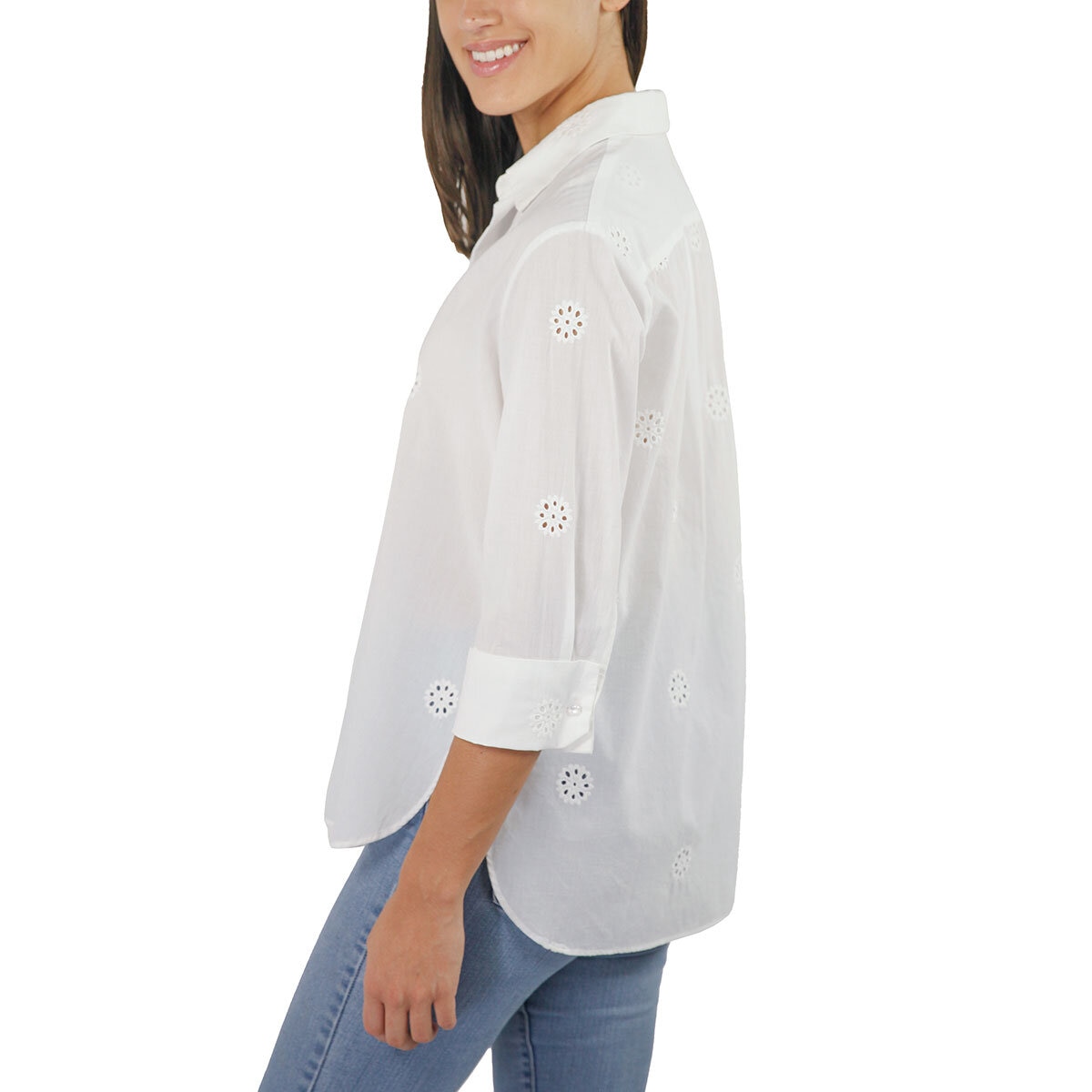 Jachs Ladies Eyelet Long Sleeve Shirt in White