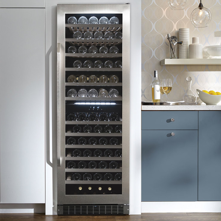 Danby DWC398KD1BSS, 129 Bottle Freestanding, Dual Zone Wine Cooler in