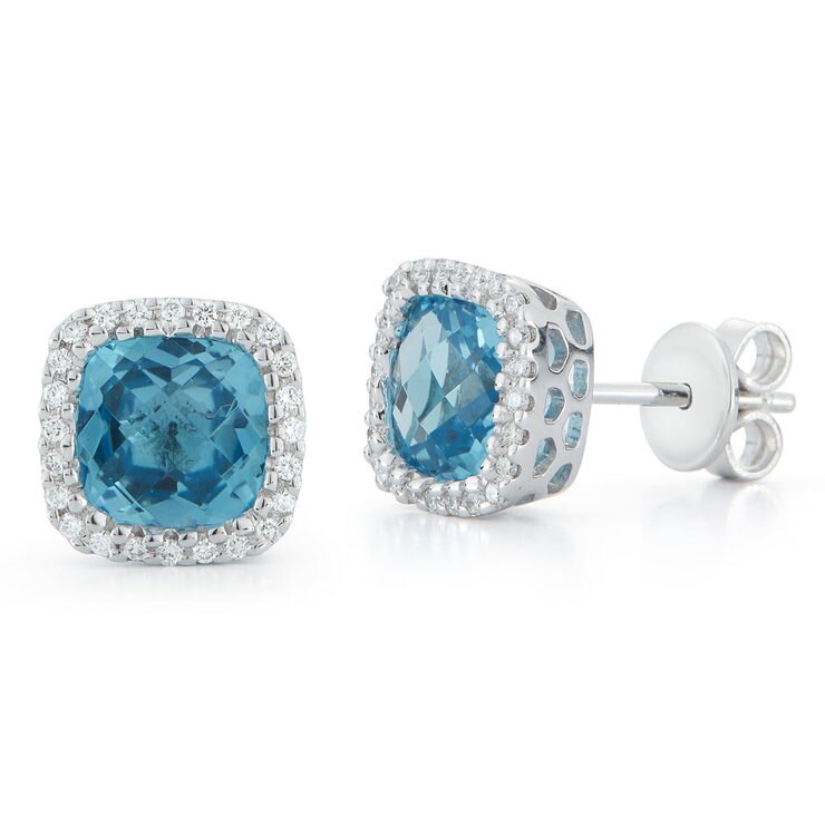 Cushion Cut Blue Topaz and 0.14ctw Diamond Earrings, 18ct White Gold ...