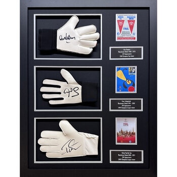 Schmeichel, Van Der Sar & Stepney Manchester United Champions of Europe Signed Framed Gloves Display