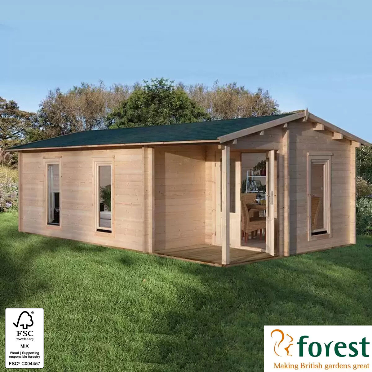 Installed Forest Garden Woodbury 58mm Log Cabin 22ft 9" x 13ft 1" (7 x 4m)