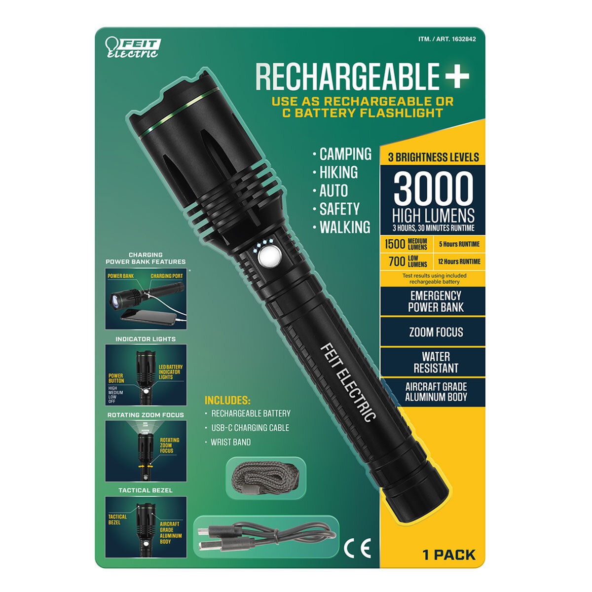 3,000 Lumen LED Rechargeable Feit Flashlight